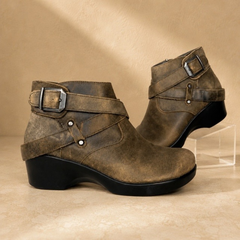 Alegria EVA-643 Women's 37 US 7-7.5 Distressed Leather Wedge Ankle Boots